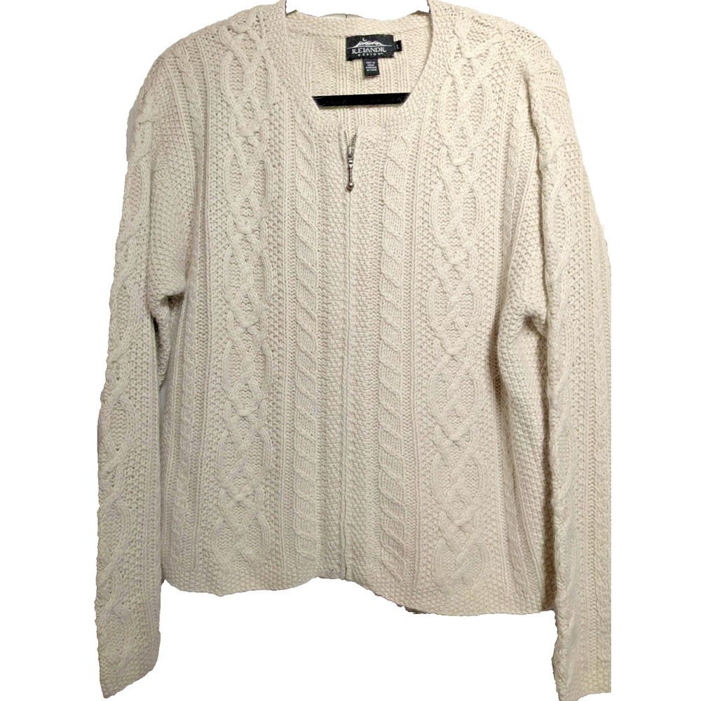 Icelandic Design Sweater Womens Large Cream Cable Knit Silk Angora Full Zip 2003